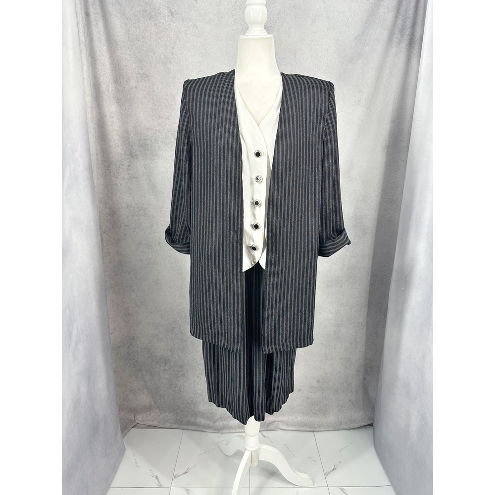 Vintage Good Times 2 Piece Skirt Suit Pinstripe Blazer Vest Skirt Size 14